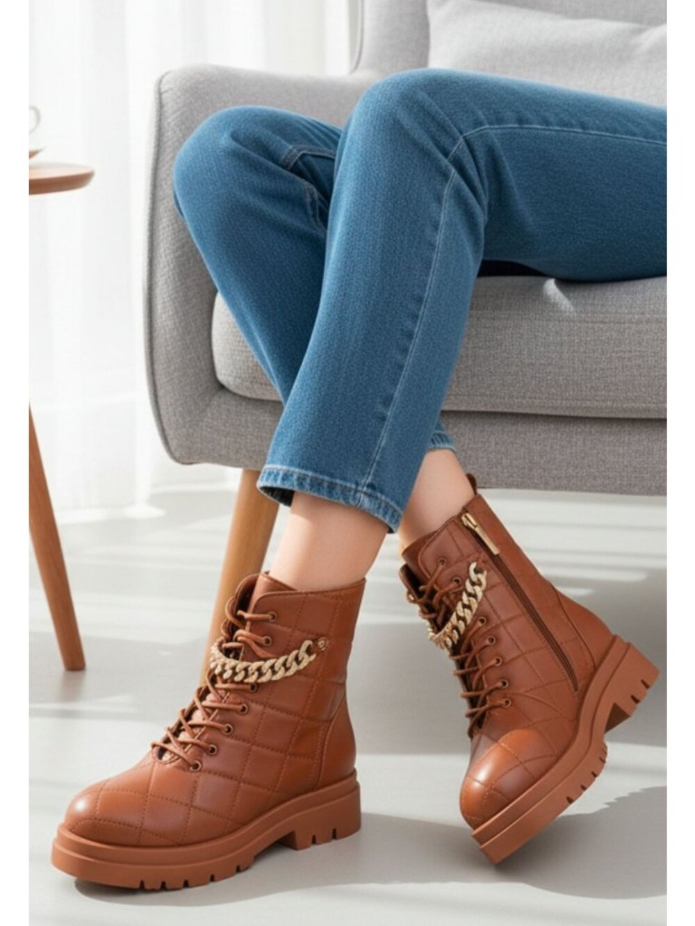 Brown Quilted Combat Boots Gold Chain Lace Up Lug Sole Ankle Booties